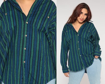 Chemise tissée à rayures des années 90, bleu-vert, chemise boutonnée rétro grunge Oxford à manches longues avec col, chemise boyfriend vintage des années 90, très grande xl