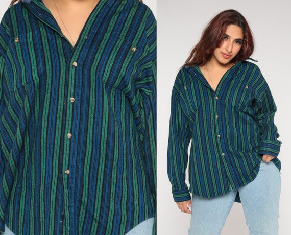 Woven Striped Shirt 90s Blue Green Button up Shirt Retro Grunge Oxford Long Sleeve Collared Boyfriend Shirt Vintage 1990s Extra Large xl