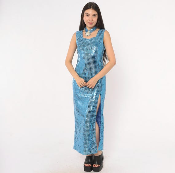 80s Blue Sequin Maxi Dress Choker Neck Pearl Brooch Sleeveless Disco Gown Column Slit Hem Metallic Cocktail Party Glitter Evening Small S