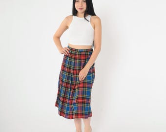 Vintage 80s Pleated Plaid Skirt Wool Blend Midi Blue Red Tartan Wrap Retro Dark Academia Preppy Secretary Checkered High Waisted 1980s Small