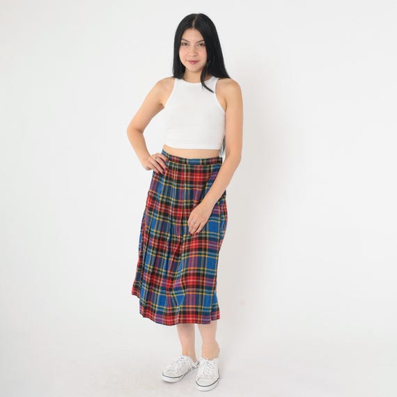 Vintage 80s Pleated Plaid Skirt Wool Blend Midi Blue Red Tartan Wrap Retro Dark Academia Preppy Secretary Checkered High Waisted 1980s Small