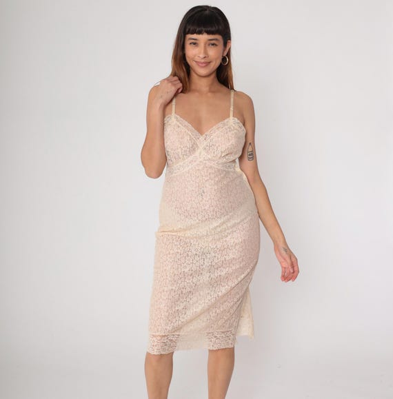 Lace Full Slip Dress 1940s Sheer Nude Beige Floral Lingerie Nightgown Vintage Midi Length Delicate Transparent Underwire Bustier Small S