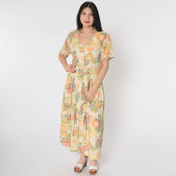 90s Tropical Fruit Dress Button Up Shirtdress Boho Midi 1990s Short Sleeve High Waist Bohemian Cream Watermelon Banana Pear Orange Medium 10