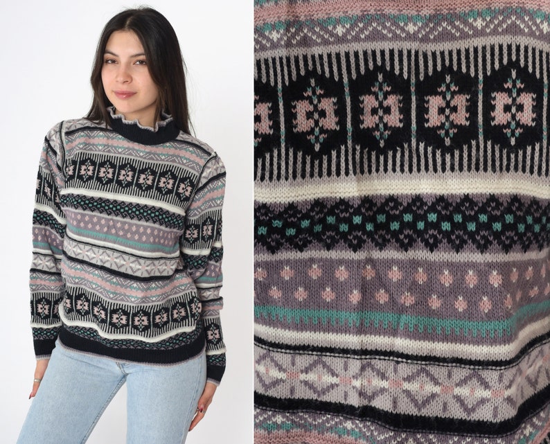 Black Geometric Sweater 80s PUFF SLEEVE Sweater Ruffle Funnel Neck Knit 1980s Pullover Nordic Striped Pastel Sweater Vintage Bohemian Small image 1