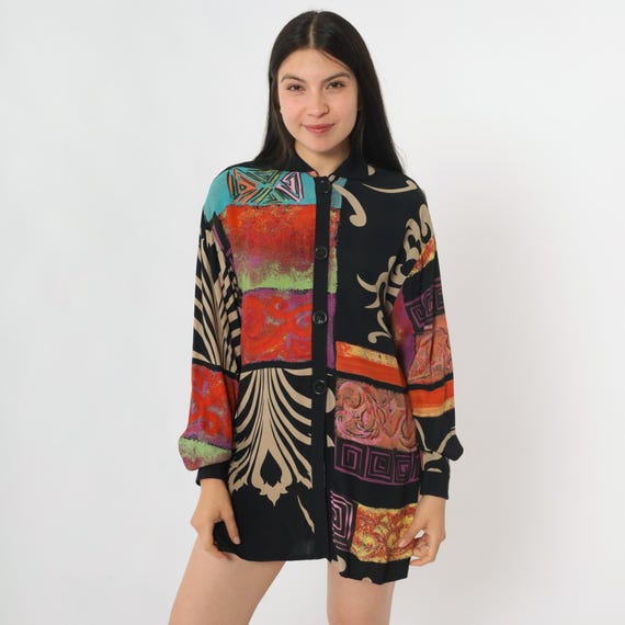 Vintage Geometric Button Up Shirt 90s Black Patchwork Blouse Boho Hippie Abstract Print Long Sleeve 1990s Bohemian Top Petite Small Medium
