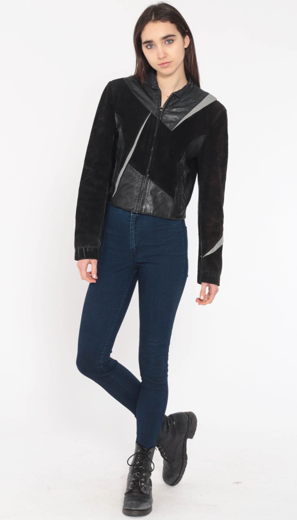 Cropped Leather Jacket 80s Black Wilson MOTORCYCLE Biker Suede 1980s Vintage Moto Punk Rock Coat 