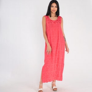 Pink Maxi Dress 90s Floral Embossed Sundress Bohemian Hippie Sleeveless Shift Tent Side Slit Ankle Length Sun Day Vintage 1990s Large 12
