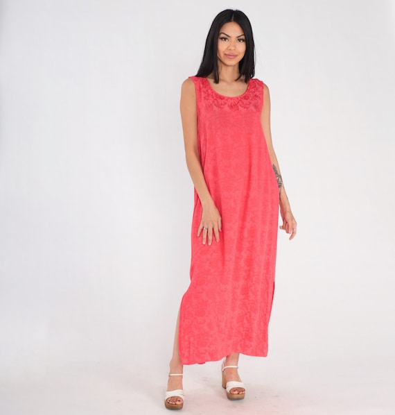 Pink Maxi Dress 90s Floral Embossed Sundress Bohemian Hippie Sleeveless Shift Tent Side Slit Ankle Length Sun Day Vintage 1990s Large 12