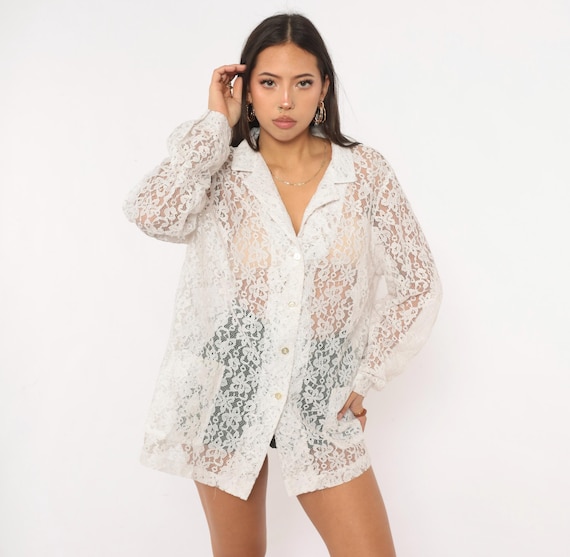 90s White Lace Blouse Sheer Floral Button Front Long Sleeve Patch Pocket See Through Cottagecore Coquette Romantic Shirt Top Vintage Large L