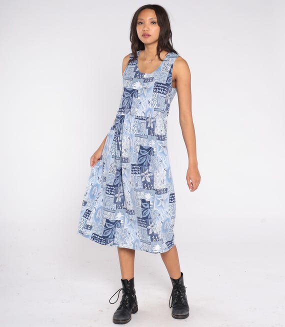 Blue Patchwork Floral Dress 90s Sleeveless Button Front Midi Lightweight Cotton Blend Hawaiian Style Summer Day Dress Small Medium
