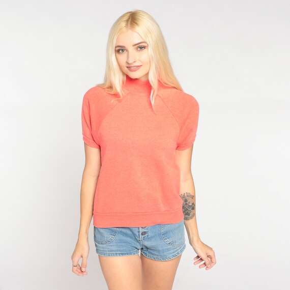 Vintage Coral Sweatshirt Top 80s Pink Short Sleeve Sweatshirt Mock Neck Raglan Sleeve Shirt Retro Basic Plain Casual Mockneck 1980s Small xs