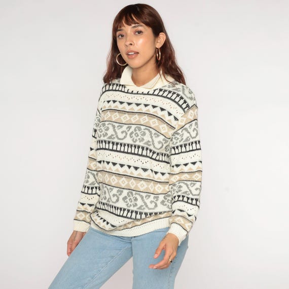 Geometric Floral Sweater 90s Cream Beige Pullover Knit Sweater Striped Pointelle Openwork Jacquard Jumper Collared Vintage 1990s Medium M