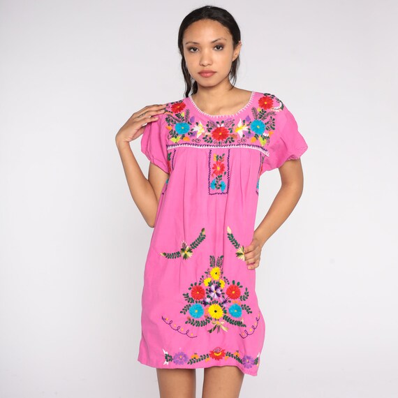 Pink Mexican Dress 90s Rainbow Floral Embroidered… - image 3