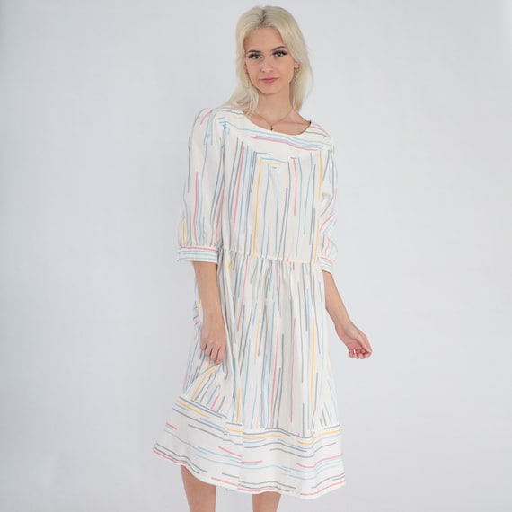 Striped Dress 80s Puff Sleeve Day Dress Midi Dress White Multicolor Pattern Retro Preppy High Waisted Secretary Dress Vintage 1980s Large L