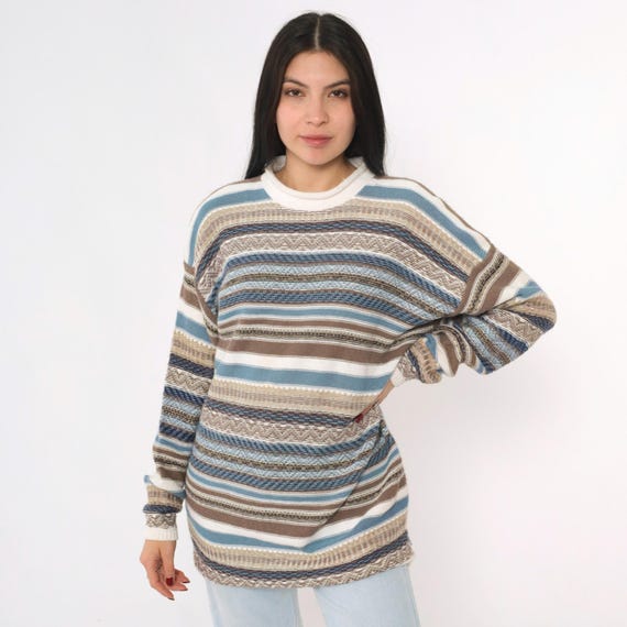 90s Striped Sweater Blue Brown Roll Neck Pullover Long Sleeve Retro Crewneck Preppy Casual Vintage 1990s Cotton Blend Knit Medium M