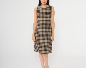 Y2K Brown Plaid Pencil Dress Checkered Sheath Dress Midi Grunge Vintage Sleeveless Dress 00s Scoop Back Day Dress Preppy Small 5