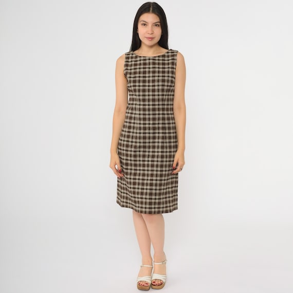 Y2K Brown Plaid Pencil Dress Checkered Sheath Dress Midi Grunge Vintage Sleeveless Dress 00s Scoop Back Day Dress Preppy Small 5