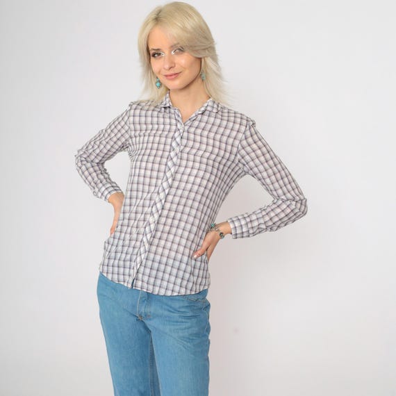 Metallic Plaid Blouse 80s Shirt Button Down Top 1980s Vintage White Long Sleeve Blouse Western Rodeo Cowgirl Shirt Rockabilly Extra Small xs