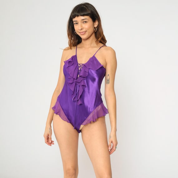 Purple Satin Teddy Romper 90s Chiffon Ruffle Lingerie Bodysuit Tie Front One Piece Sleeveless Sexy Vintage 1990s Medium M