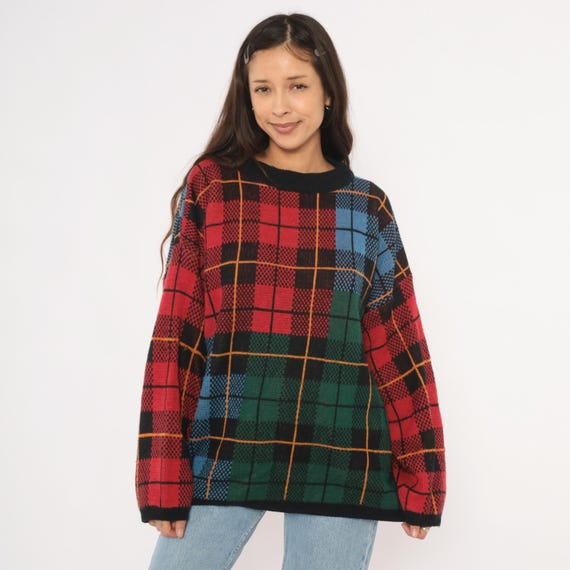 Plaid Tartan Sweater 90s Knit Pullover Red Black Green Blue Checkered Crew Neck Crewneck Colorful Patterned Grandpa Vintage Extra Large XL