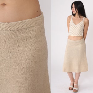 Knit Pencil Skirt 80s Metallic Beige Skirt Sparkly High Waisted Sweater Skirt Midi Light Cream 1980s Vintage Small Medium image 1