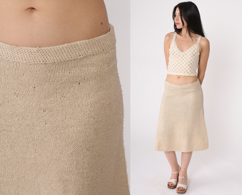 Knit Pencil Skirt 80s Metallic Beige Skirt Sparkly High Waisted Sweater Skirt Midi Light Cream 1980s Vintage Small Medium image 1