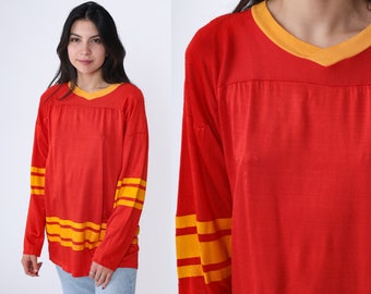 70s Hockey Jersey Shirt Red Yellow Striped Shirt Long Sleeve Tee Sports Athletic V Neck Tshirt Vintage 1970s Small Medium