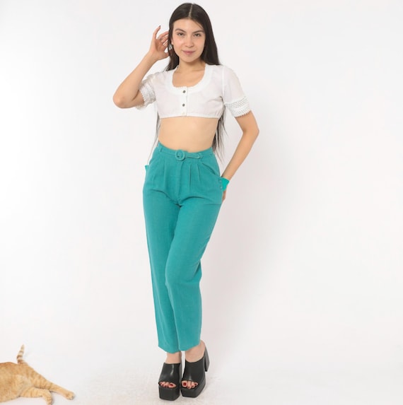 Teal Pleated Trousers 80s High Waist Tapered Pants Belted Eyelet Lace Pocket Turquoise Slacks Aqua Cigarette Peg Leg Vintage Extra Small XS