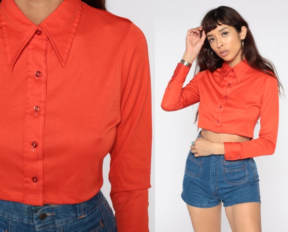 Orange Crop Top 70s Cropped Shirt Polyester Bohem… - image 1