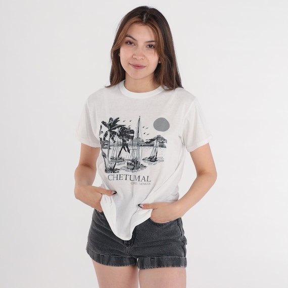Chetumal T-Shirt Y2K Mexico Shirt Sailboat Beach Boat Palm Tree Graphic Tee Retro Tourist TShirt Travel Sailing Top White Vintage 00s Medium