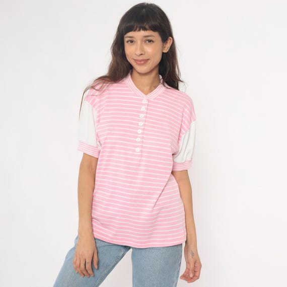 Pink Striped Henley Baseball Style Shirt 90s Coquette V Neck Short Sleeve White Contrast Colorblock Preppy Sporty Vintage Feminine Medium M