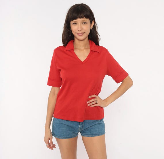 70s Red Polo Shirt V Neck Open Collar Cuffed Short Sleeve Blouse Crimson Cotton Sport Collegiate Preppy Tennis Style Tee Vintage Top Large L