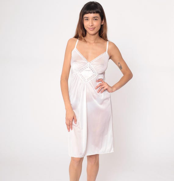 White Lace Slip Dress 80s V Neck Vintage Coquette Minimalist Nightgown Lingerie Style Sleepwear Nightie Romantic Bridal Wedding Small S
