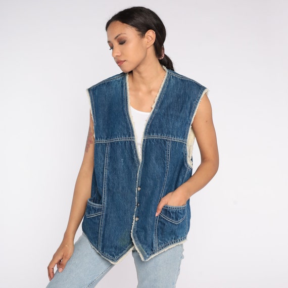 Denim Shearling Vest 70s Sherpa Denim Vest Retro … - image 3