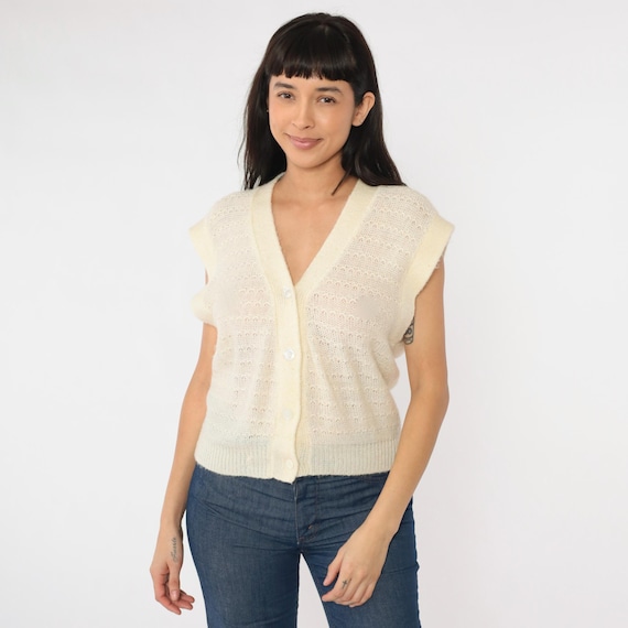 Vintage 80s Sheer Knit Vest Top Cream Openwork Shirt Cap Sleeve Sweater V Neck Button Up 1980s Retro Small s
