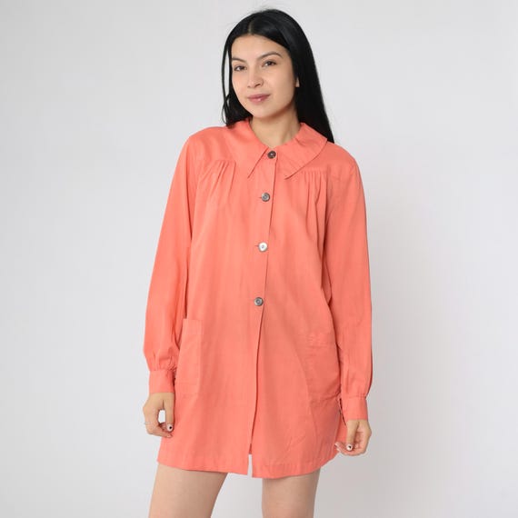 Vintage Coral Pink Smock Dress Peter Pan Collar Button Up Shirtdress Long Sleeves Pockets 1980s Loose Fit Tent Top Small