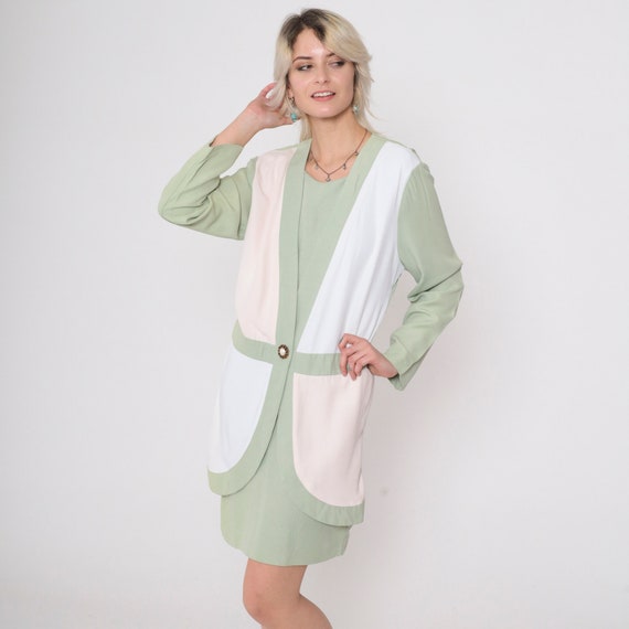 90s Color Block Dress Sage Green Attached Vest Midi Dress Cream White Long Sleeve Dress Shift Vintage 1990s Small 6