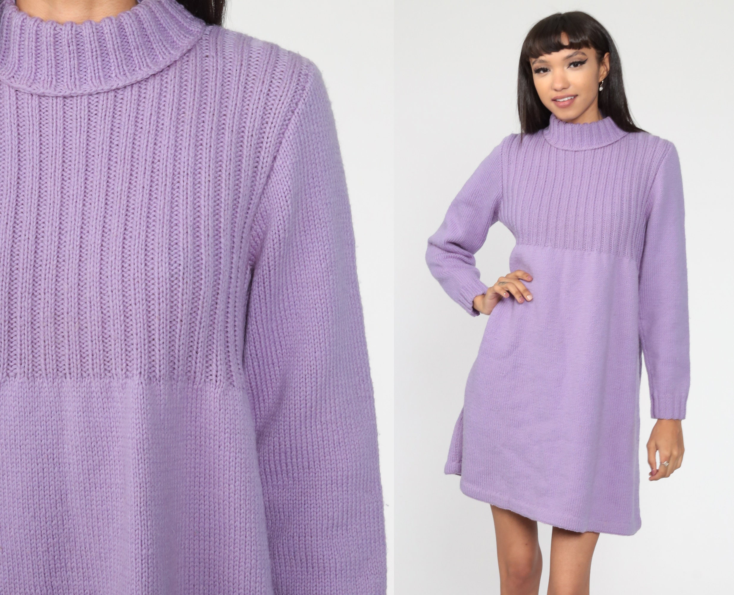 70s Sweater Dress Purple Babydoll Dress 