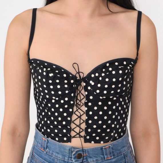 Polka Dot Bustier Top 80s Corset Bra Crop Top Black White Sweetheart Neckline Lace Up Shirt Retro Sexy Summer Vintage 1980s Emil Bole Small