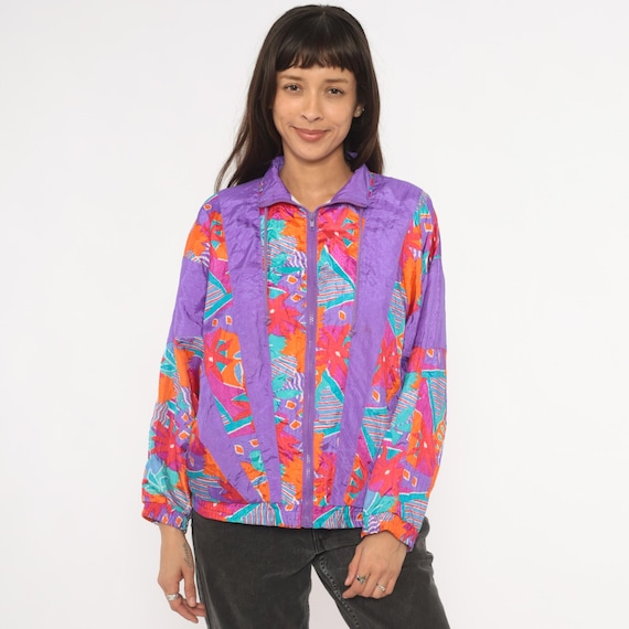 90s Abstract Windbreaker Purple Teal Orange Geometric Floral Zip Front Jacket Collared Tropical Neon Colorful Track Coat Vintage Small S