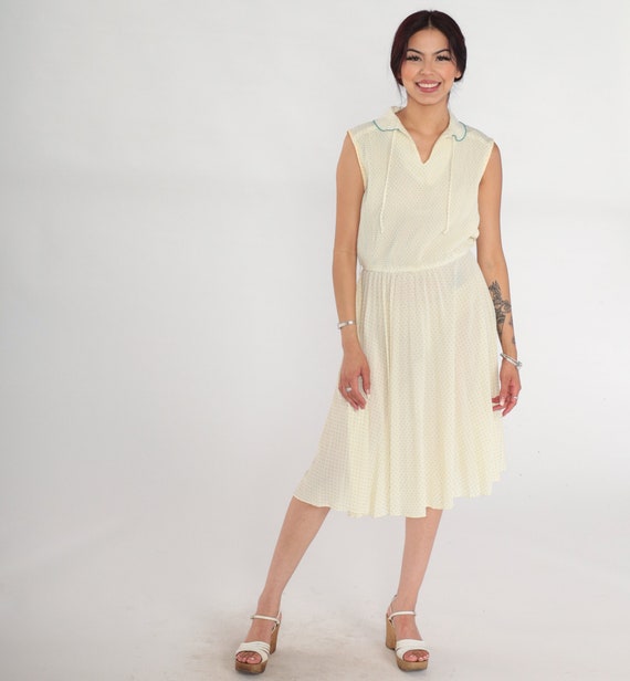 Polka Dot Dress 70s Semi-Sheer Cream Midi Dress Sleeveless High Waisted Rounded Collar V Neck Retro Sundress Day Vintage 1970s Medium Large