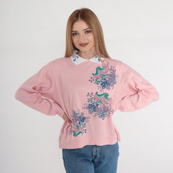 Vintage Pink Floral Sweatshirt 80s Collared Sweatshirt Retro Grandma Sweater Flower Print Shirt Cute Kawaii Pastel Baby Pink 1980s Small S