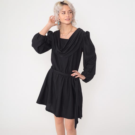 Vintage Black Cowl Neck Dress 80s Puff Sleeve Belted Mini Crepe Fit Flare Made in USA Square Neck 1980s Long Sleeve Medium M
