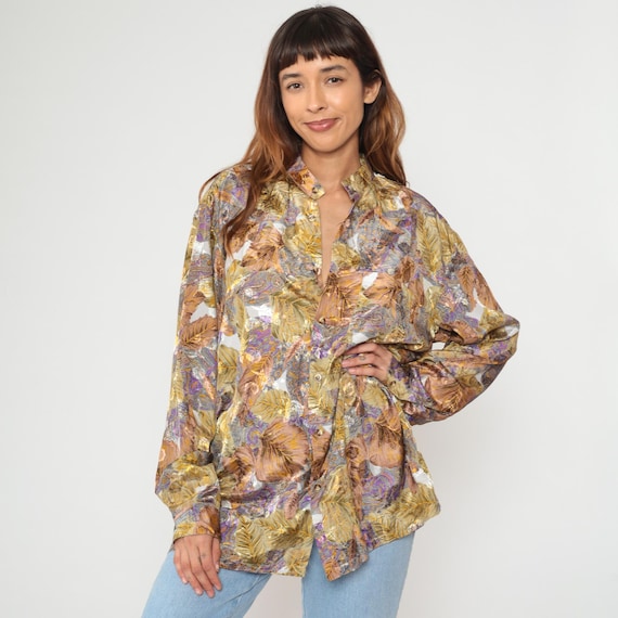 Tropical Leaf Blouse 80s Long Sleeve Purple Gold Brown Orange Paisley Pattern New Wave Vintage Shirt Top Flowy Fall Autumn  Extra Large XL
