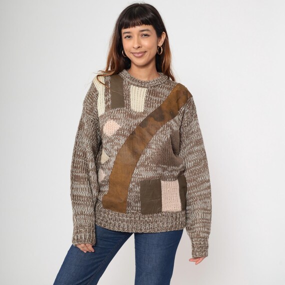 Geometric Leather Sweater 80s Brown Slouchy Leather Patch 1980s Acrylic Vintage 90s Impact Knit Slouch Space Dye Crewneck Large L