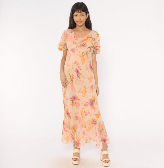 Peach Floral Chiffon Dress 80s Flutter Sleeve Tropical Hibiscus Maxi Ruffle Hem Pink Orange Summer Garden Party Prairie Vintage Large L
