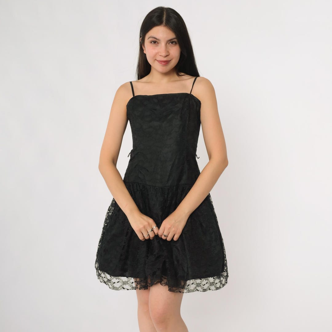 grunge formal dress Prom Party Dress 90s Black Lace Mini Drop Waist Skater Goth Grunge  Alternative Evening Formal Emo Clubwear Cocktail Extra Small XS