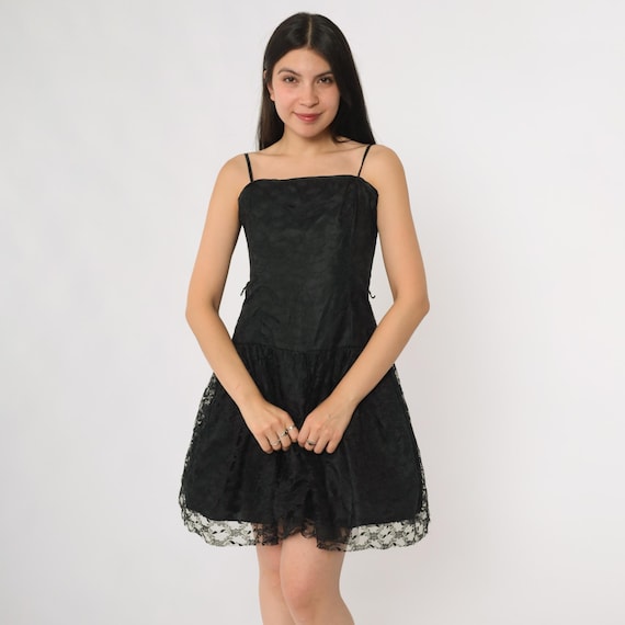 Prom Party Dress 90s Black Lace Mini Drop Waist Skater Goth Grunge Alternative Evening Formal Emo Clubwear Cocktail Extra Small XS