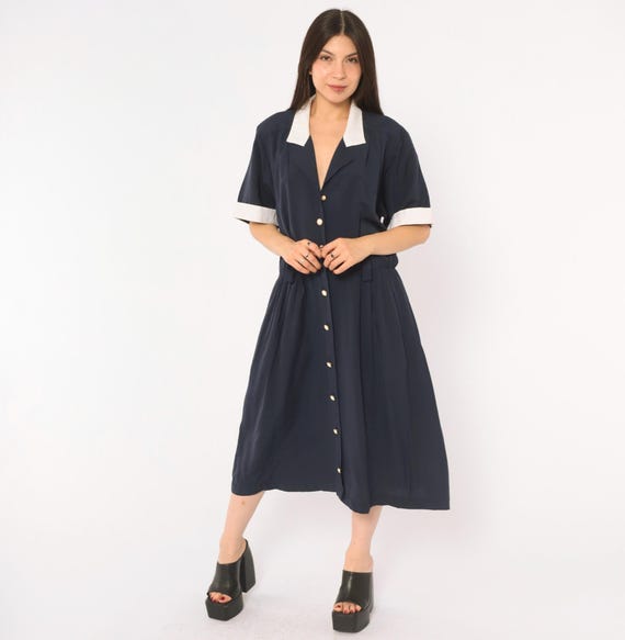 90s Blue Shirt Dress White Contrast Collar Button Front Short Sleeve Midi Drop Waist Nautical Preppy Secretary Normcore Modest Large L