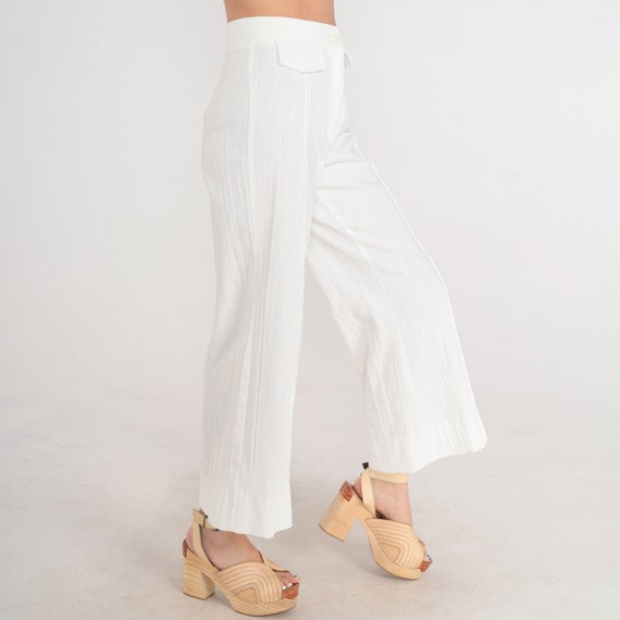 White Pants 70s Wide Leg Trousers Crinkled High Waisted Rise Straight Leg Pleated Preppy Basic Seventies Boho Hippie Vintage 1970s XS 26